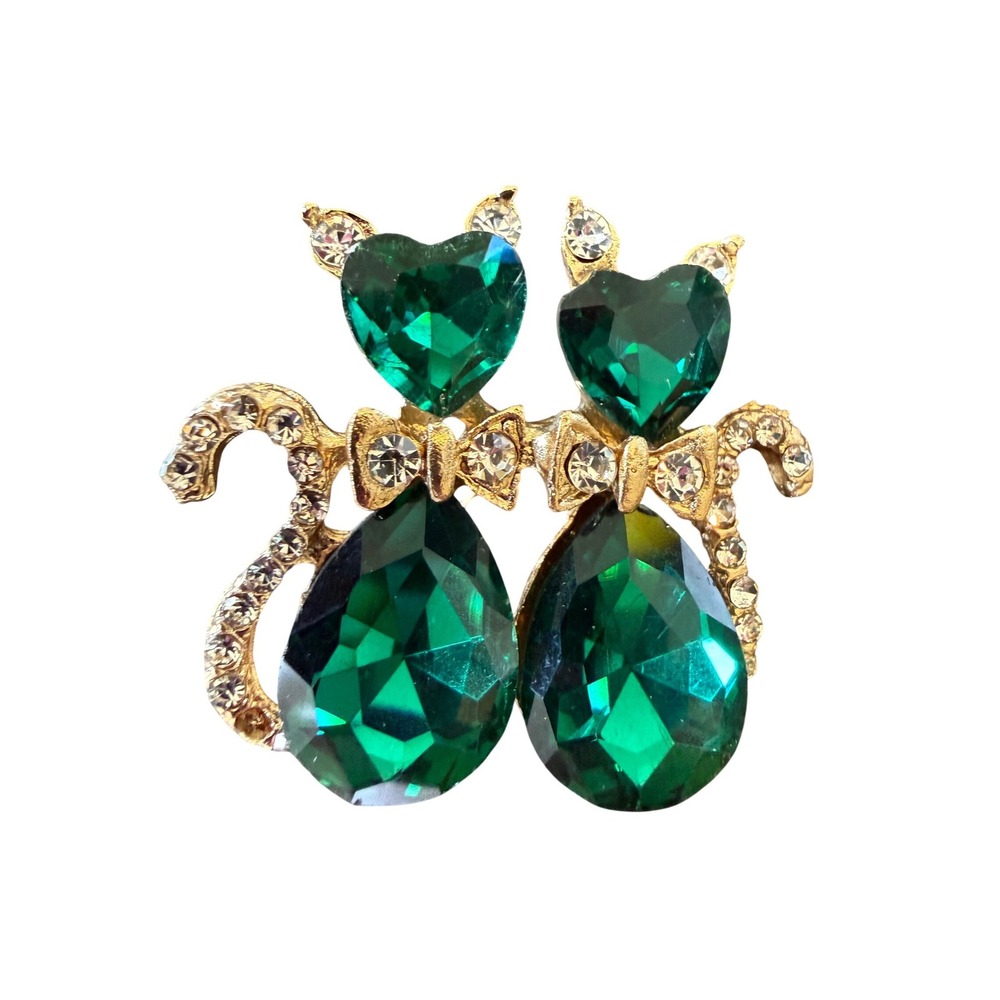 Cat Brooch Gold Tone Rhinestone  Vintage Style Emerald‎ Green Crystal Cat Pair